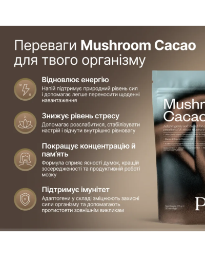 Функціональний напій Perla Helsa Mushroom Cacao з адаптогенами 175 г