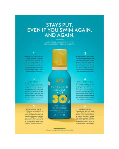 Evy Technology Sunscreen Mousse Kids Spf 30, солнцезащитный мусс для детей и младенцев, 150 мл